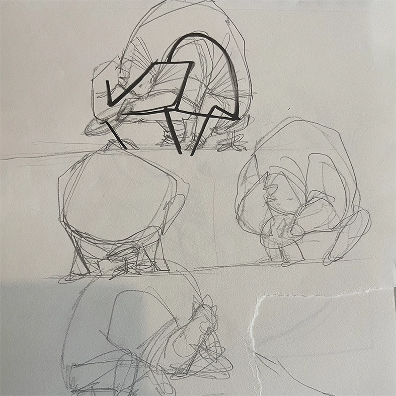 "Café-créa" 2022, preparatory sketch for the aluminum structure inside, as well as front and back views. Created for the final Café-créa sculpture, pencil on paper.