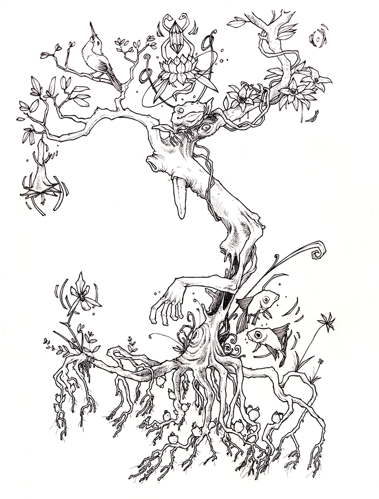 Black and white drawing "Arrbre" 2008, black ink on paper, 29.7 x 21 cm, drawn by Teddy Ros, depicting a tree filled with flowers and animals.