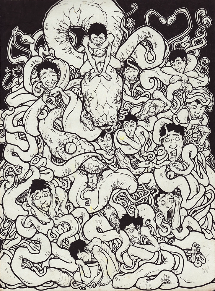 dessin en noir et blanc "Aya luz" 2009, stylo noir sur papier, 29,7 x 21 cm, dessiné par Teddy Ros représentant l'artiste entouré du serpent de l'ayahausca