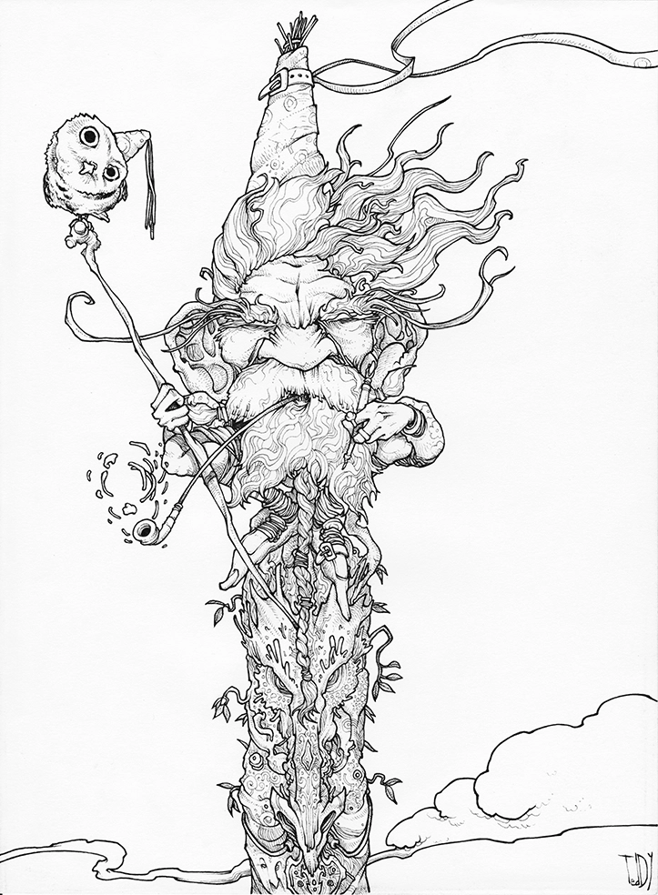 Drawing in black and white, "Expo suissO" 2014, black ink on paper, 29.7 x 21 cm, by artist Teddy Ros, depicting a spirit on a tree trunk smoking a pipe with its owl.