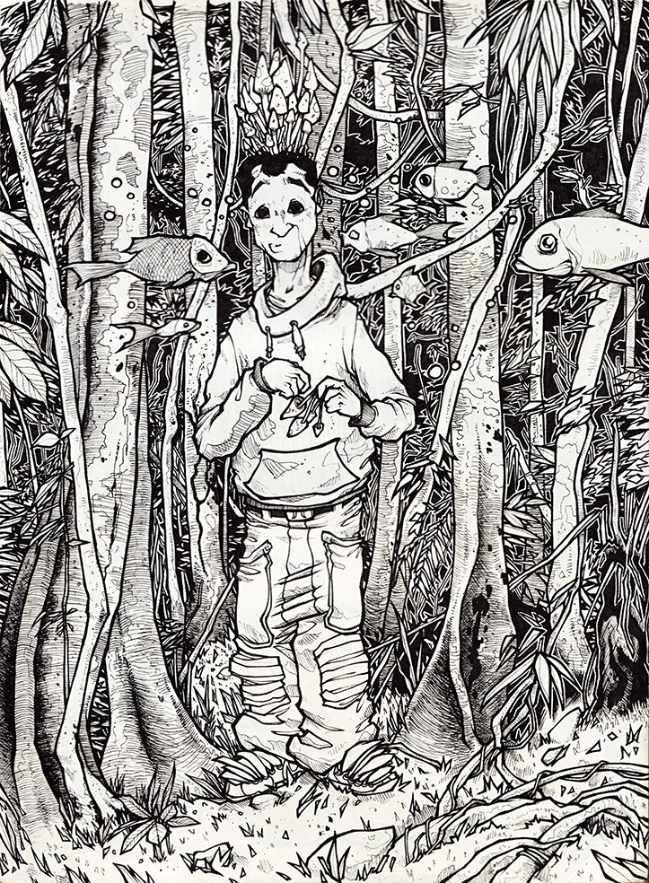 Black and white drawing "Forêt champ2" 2009, black ink on paper, 29.7 x 21 cm, by artist Teddy Ros, depicting the artist in the Amazon rainforest with mushrooms growing on his head and fish swimming in front of his eyes.