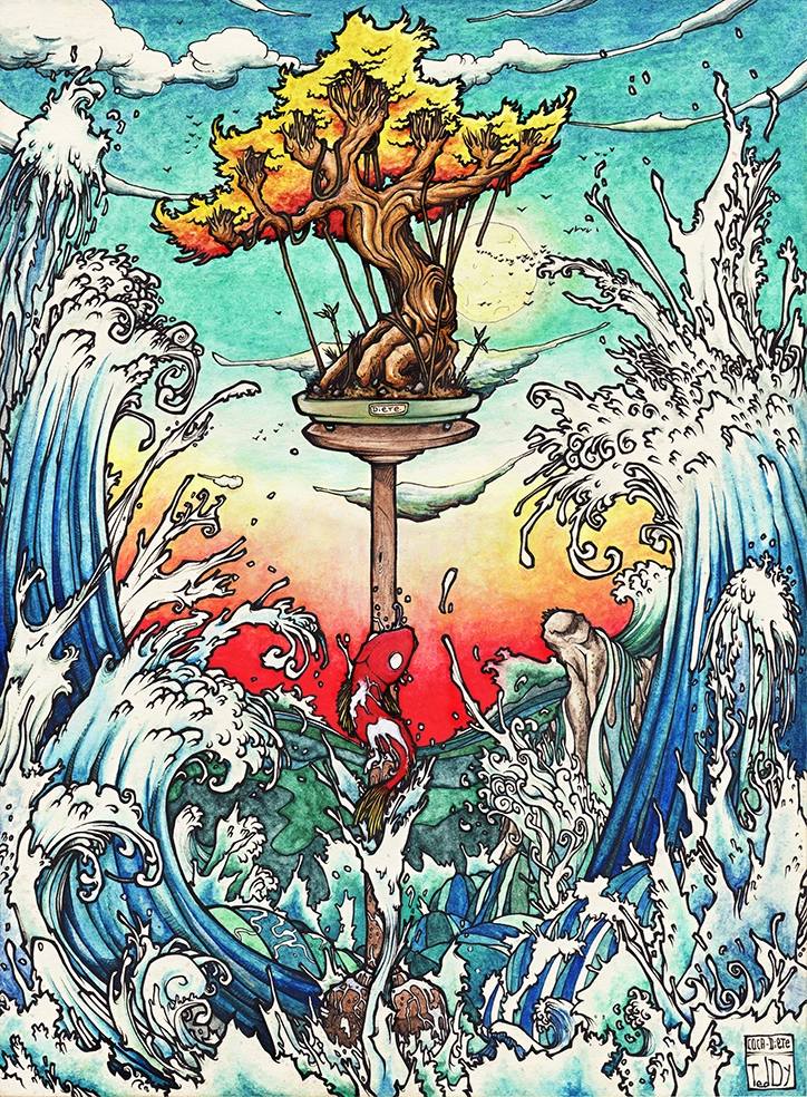 Dessin de Teddy Ros "La mer" 2011, stylo noir, aquarelle sur papier, 29,7 x 21 cm représentant la diète de coca de Teddy Ros sous forme symbolique de bonsai