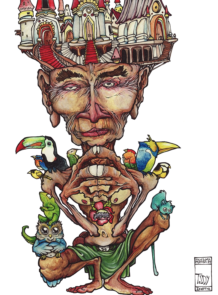 Drawing by Teddy Ros "L'ayahuma" 2011, black ink and watercolor on paper, 29.7 x 21 cm, depicting the spirit of Ayahuma with its animals and palace on its head.