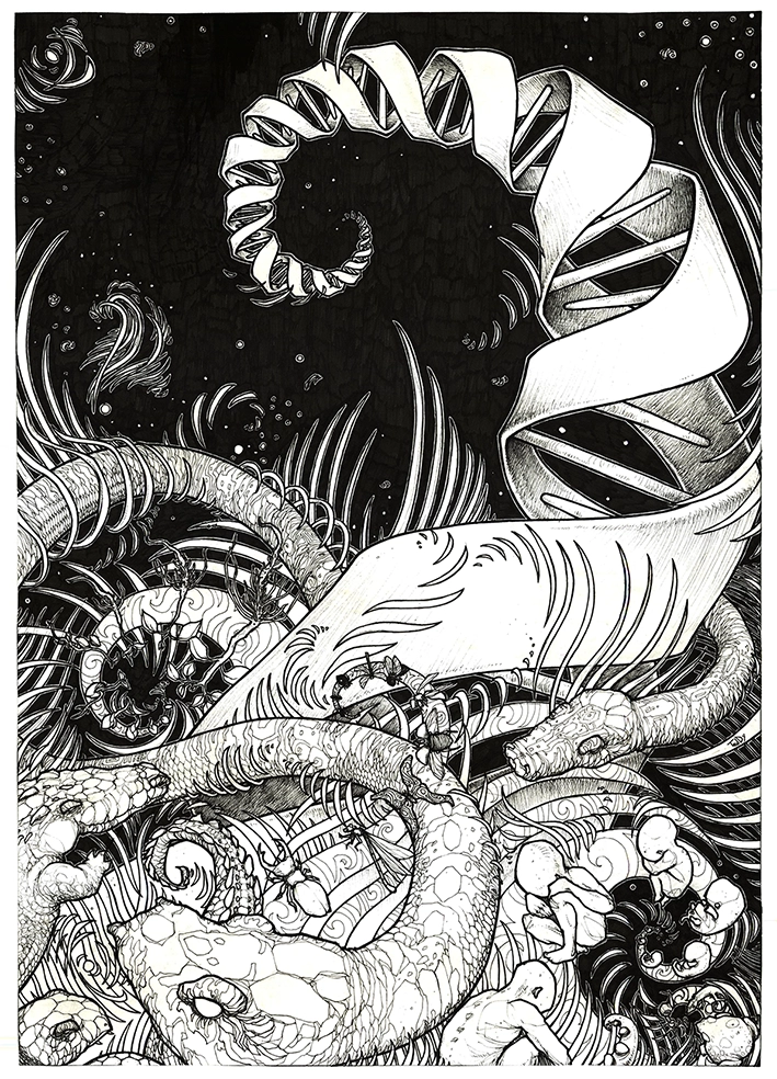 Drawing "Le Serpent Cosmique" 2007, black pen on paper, 42 x 29.7 cm by Teddy Ros, depicting the cosmic serpent, DNA, and the origin of knowledge, inspired by Jeremy Narby's book.