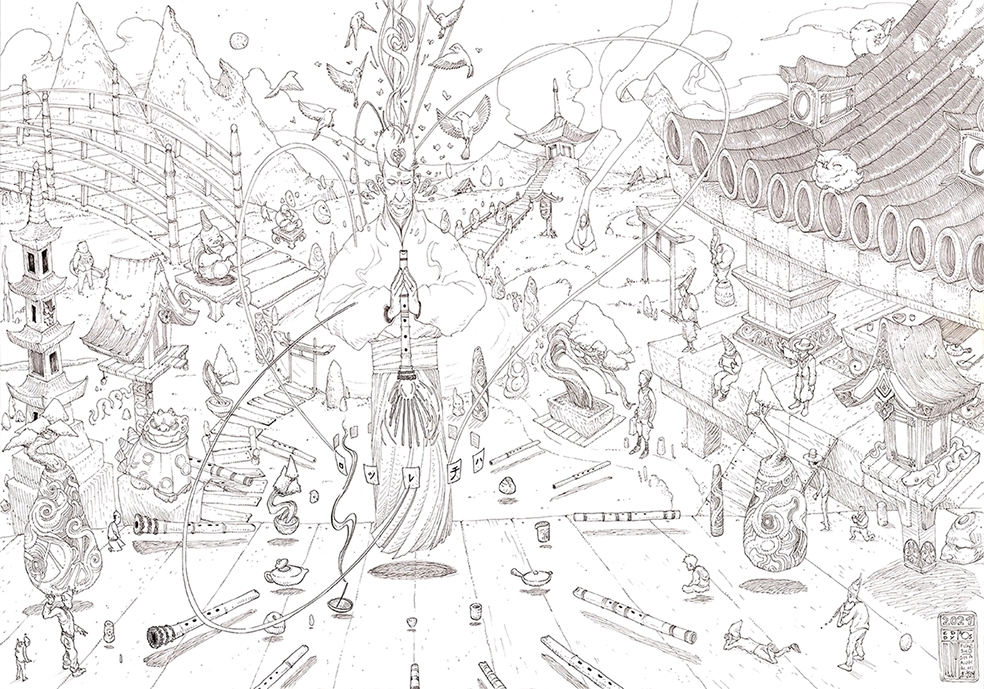 Drawing by Teddy Ros, "L’ouverture de la flûte" 2021, black pen on paper, 42 x 29.7 cm, depicting a shakuhachi player surrounded by a Japanese setting and spirits.