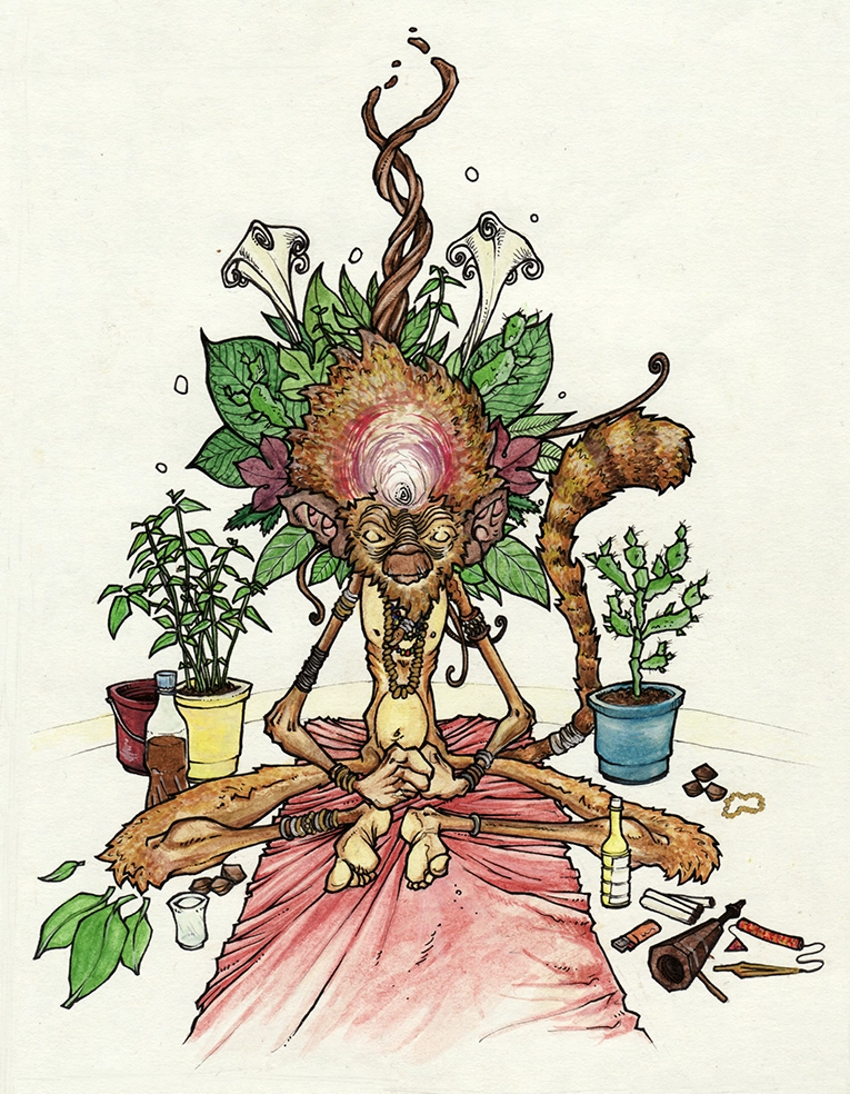 Colored drawing "Meditation luz" 2009, black ink and watercolor on paper, 29.7 x 21 cm, drawn by artist Teddy Ros, depicting the spirit of ajo sacha in the form of a monkey meditating, surrounded by various medicinal plants.