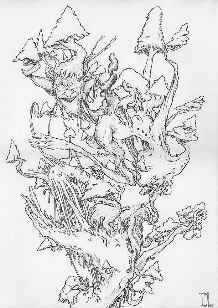 Drawing "Mr Bansaï" 2017, pencil on paper, 42 x 29.7 cm by the artist Teddy Ros, representing the spirit of a bonsai.