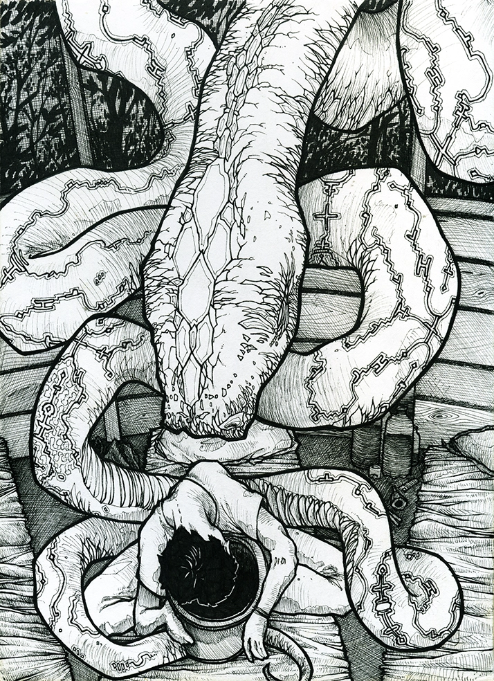 Black and white drawing "Premier verre" 2008, black ink on paper, 21 x 14.8 cm, by artist Teddy Ros, depicting the artist during a ceremony, vomiting with the ayahuasca serpent all around him