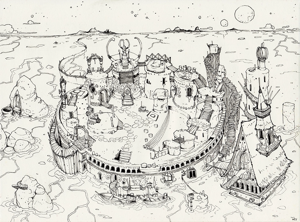 Teddy Ros drawing "Rêve de Coca" 2011, black ink on paper, 29.7 x 21 cm depicting a dream of the artist Teddy Ros during his coca plant diet, representing the world of the coca plant.