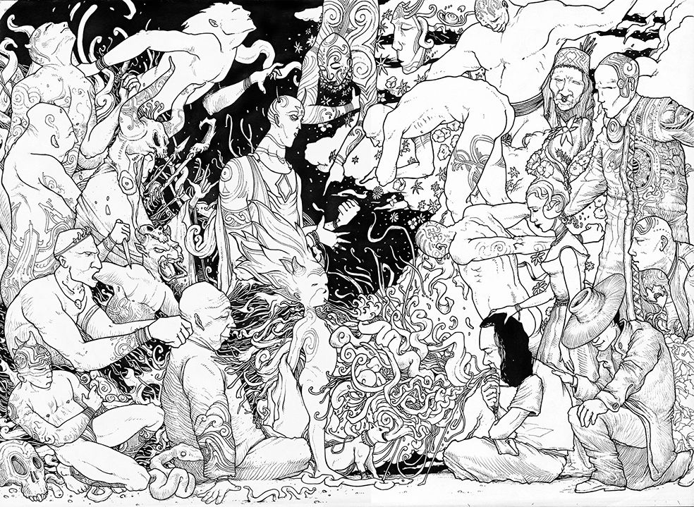 Black pen drawing on paper by the artist Teddy Ros, depicting an ayahuasca session where the shaman sings to a patient, with all the spirits visible. "Session Chamanique" 2010, black pen on paper, 42 x 29.7 cm.