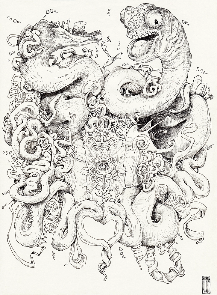 Drawing representing the Shitanas of the Ayahuma plant, both feminine and masculine sides. Black pen drawing on paper. "Shitanas" 2011, Black pen on paper, 29.7 cm x 21 cm