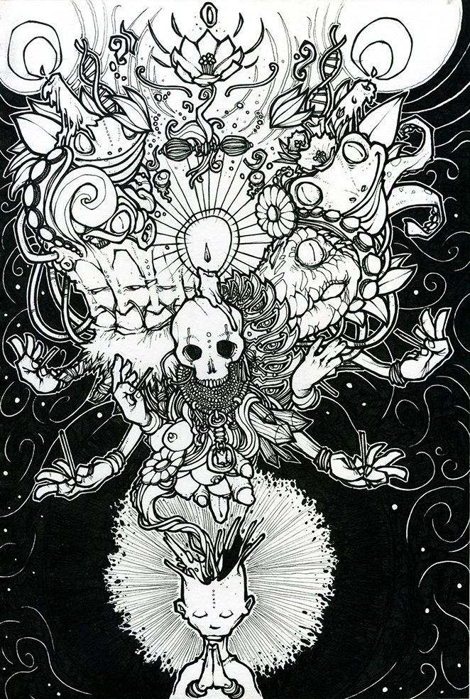 Dessin en noir et blanc, "spirit" 2008 stylo noir sur papier 21 x 14,8 cm, réalisé par l'artiste Teddy Ros représentant un personnage en train de médité, avec de nombreuse chose qui sort de sa tête, grenouille serpent, crocodile, crane et cristaux