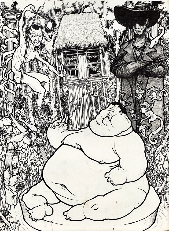 Dessin en noir et blanc, "Tabako" 2009, stylo noir sur papier, 29,7 x 21 cm, réalisé par l'artiste Teddy Ros en isolation pendant sa première année de diète, ce dessin représente le rapport à la nourriture pendant une diète, on y voie l'esprit du tabac, la marosa, le pignon colorado et la cabane d'isolation dans le fond