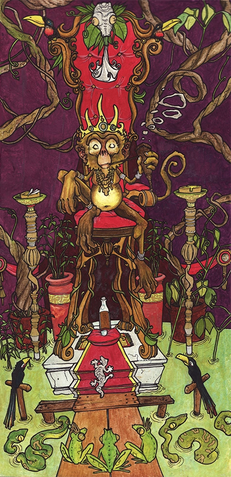 Color drawing, "Trone Luz," 2009, black pen and watercolor on paper, drawn by artist Teddy Ros, representing the spirit of the plant Ajo Sacha in the form of a monkey sitting on a throne, smoking a pipe, surrounded by the spirits of the Marosa plant.