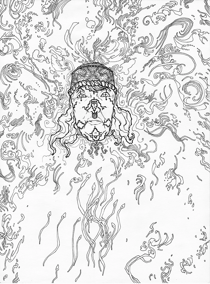 Drawing by Teddy, "Femme Shipiba," 2009, black pen on paper, 29.7 x 21 cm, depicting a Shipiba woman's face surrounded by snake spirits in the form of energy.