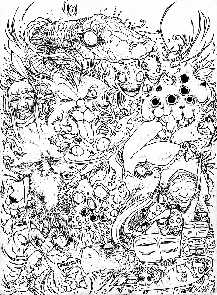 Dessin en noir et blanc, "Vision d’ayahuasca", 2008, stylo noir sur papier, 29,7 x 21 cm, dessiné par l'artiste Teddy Ros représentant un amas de visions que l'on pourrais avoir sous l'influence de la plante psychotrope ayahuasca, présence d'esprtis, du serpent et crocodiles