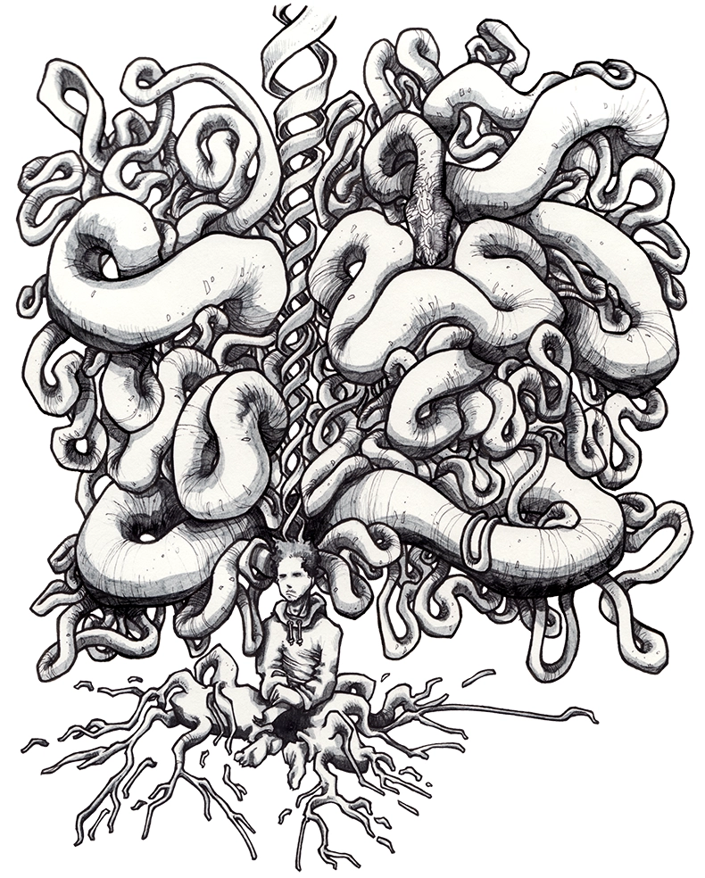 Drawing by Teddy Ros "ayahuasca" 2009, black ink and marker on paper, 29.7 x 21 cm, depicting a self-portrait of the artist being traversed by the spirit of ayahuasca.