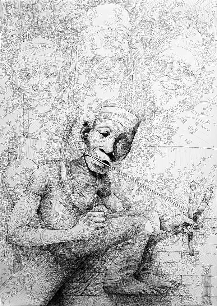 Drawing in black pen on large-format paper: "Bois Sacré Début" 2023, black pen on paper, 59.7 x 42 cm, depicting a person playing a traditional harp during a sacred wood initiation, accompanied by ancestors in the form of spirits.