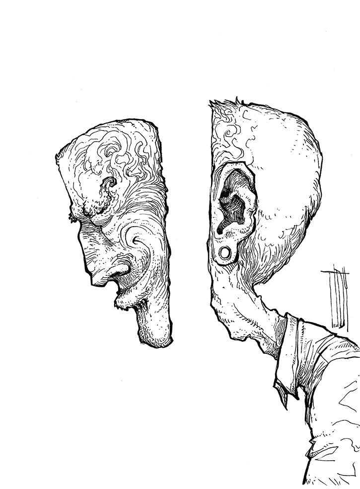 Drawing in black and white "Double-Double" 2024, black pen on paper, 29.7 x 21 cm, created by the artist Teddy Ros, depicting a character with their face split in two from the profile view. Recent Drawings