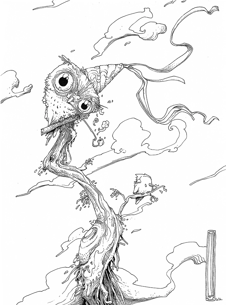 Drawing in black and white "Hiboux" 2024, black pen on paper, 29.7 x 21 cm, created by the artist Teddy Ros, depicting a highly detailed owl sitting on a tree branch with a pipe in its mouth and wearing a party hat, accompanied by a small bird. Recent Drawings