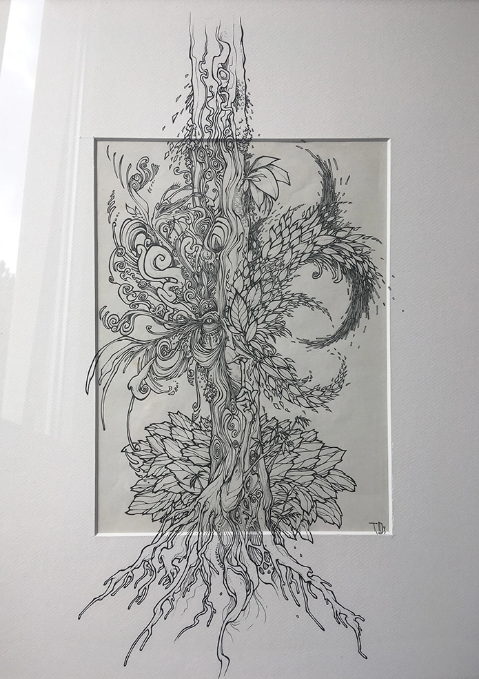 Dessin de Teddy Ros "Silencio" 2011, stylo noir sur papier, 29,7 x 21 cm représentant un arbre esprit en train de dire "silence"