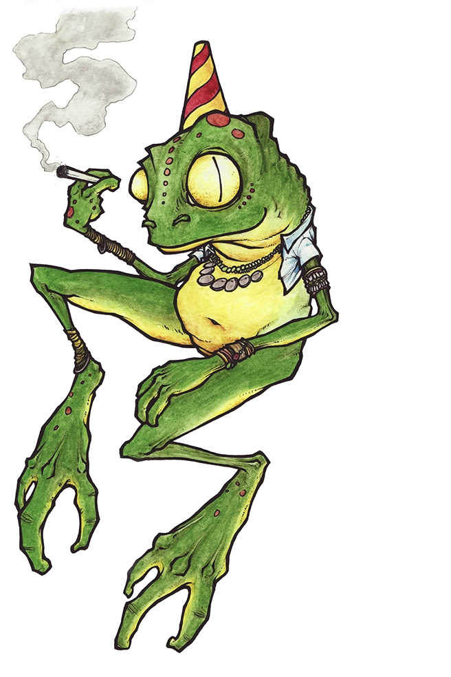 Drawing by Teddy "frog spirit" 2009, black pen and watercolor on paper, 21 x 14.7 cm representing a frog spirit smoking a mapatcho, Peruvian tobacco