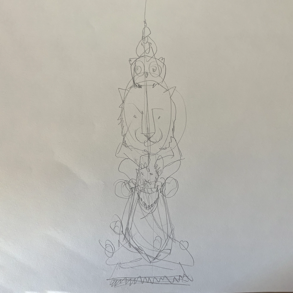 Photo of the preparatory sketch for the sculpture "Utopia" 2023, sculpted in polymer clay, original version, green-gold patina, created by artist Teddy Ros, depicting Guru Dev surrounded by animals, image 06.