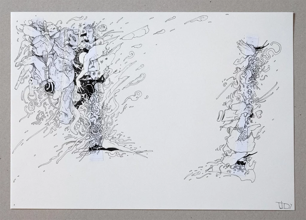 "The Spine of Drawing" 2024, mixed media on paper, 42 x 29.7 cm, contemporary drawing by artist Teddy Ros, part of the "Deconstruction Constructive" series.