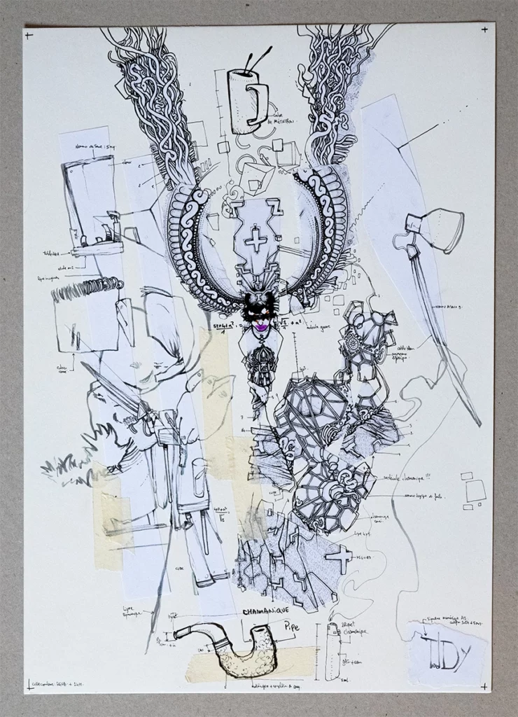 Teddy Ros, contemporary drawing, detail "Shamanic Pipe" 2024, mixed media on paper, 42 x 29.7 cm. A drawing by artist Teddy Ros, part of the "Deconstruction Constructive" series.