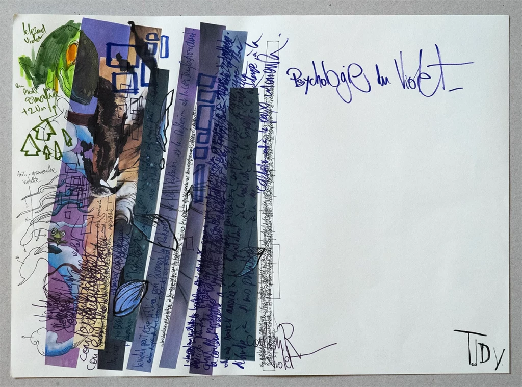 "Psychology of Purple" 2024, mixed media on paper, 42 x 29.7 cm, drawing by artist Teddy Ros, part of the "Deconstruction Constructive" series.