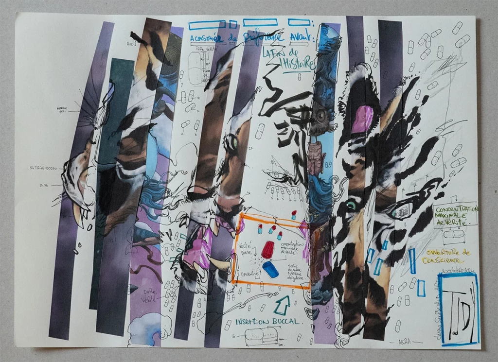 "Purée de Vérité" 2024, mixed media on paper, 42 x 29.7 cm, drawing by artist Teddy Ros, part of the "Deconstruction Constructive" series.