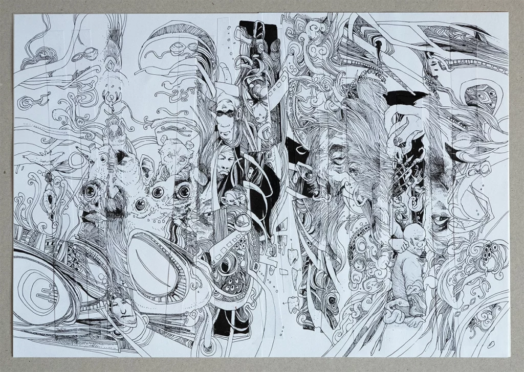 "Obsessive Coherence 2" 2024, mixed media on paper, 42 x 29.7 cm, contemporary drawing by artist Teddy Ros, part of the "Deconstruction Constructive" series.