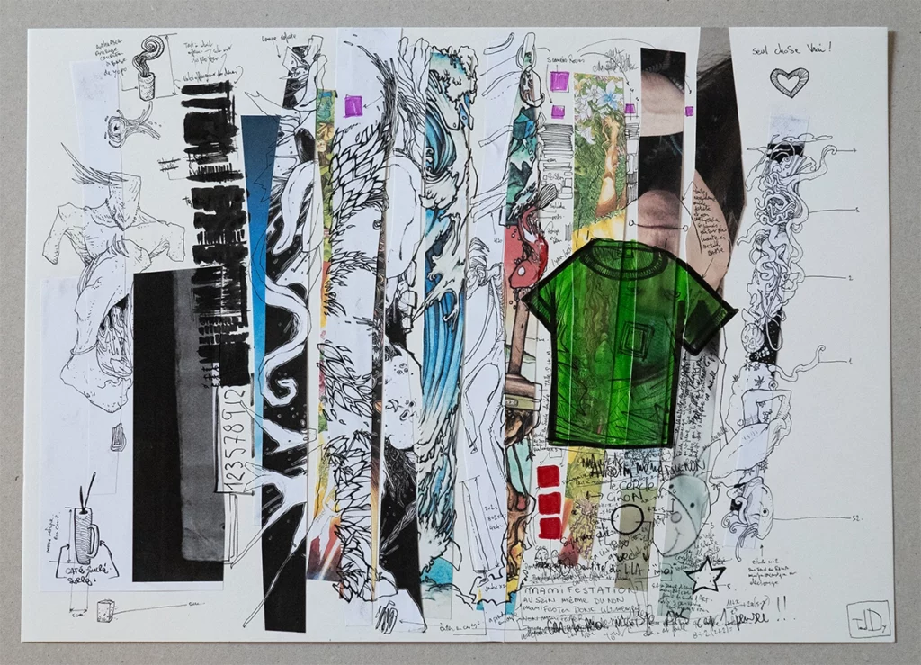 "Save the Green Tee-shirt" 2024, mixed media on paper, 42 x 29.7 cm, contemporary drawing by artist Teddy Ros, part of the "Deconstruction Constructive" series.