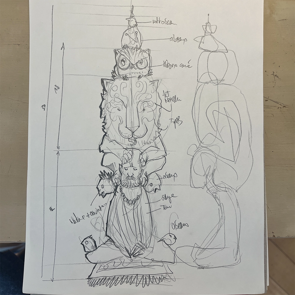 croquis de la sculpture "utopie" 2023 pâte polymère version l'original, patiné vert or, réaliser par l'artiste Teddy Ros représentant Guru Dev entouré d'animaux, image 01, sculptures